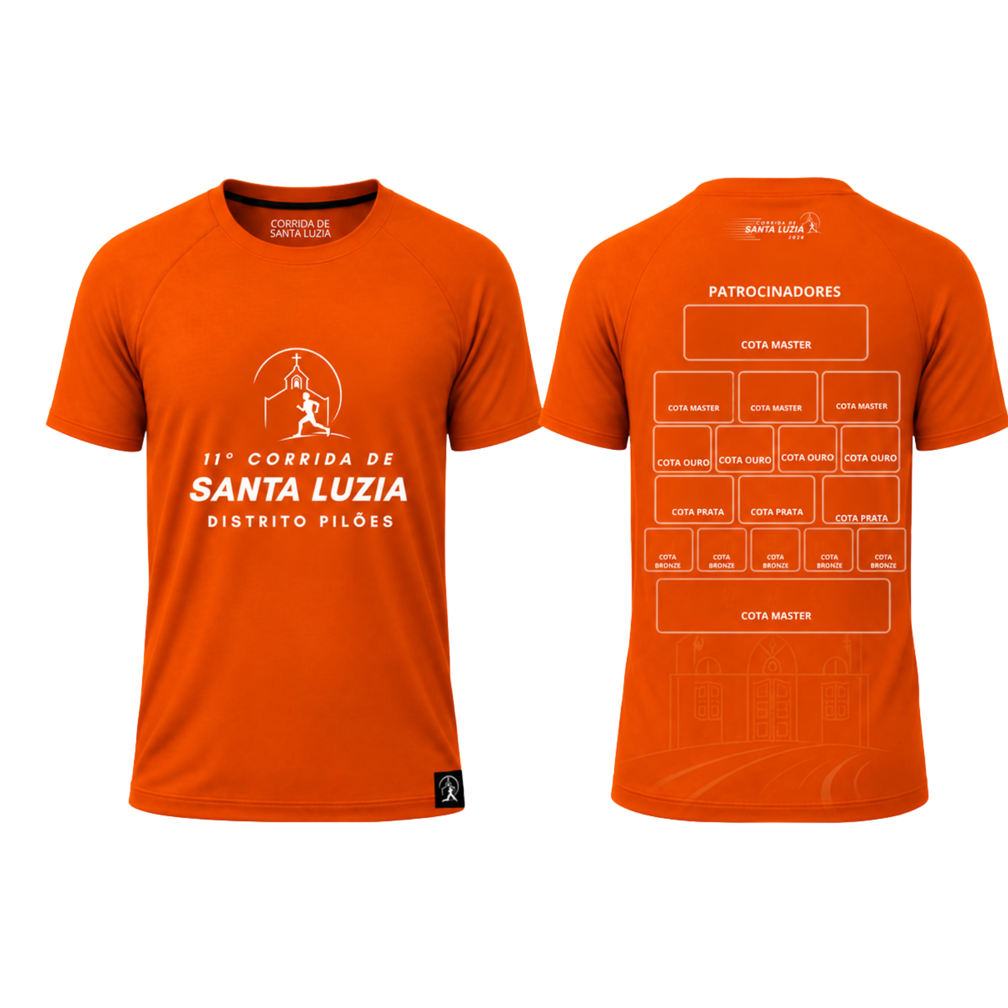 Camisa oficial da 11ª Corrida de Santa Luzia com os espaços dos patrocinadores